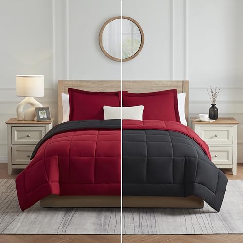 Image of Nestl 3 Piece Quilted Down Alternative Comforter California King Size with 2 Pillow Shams, Red /Black All Season Duvet Inserts Cal King Size Comforter with Corner Tabs