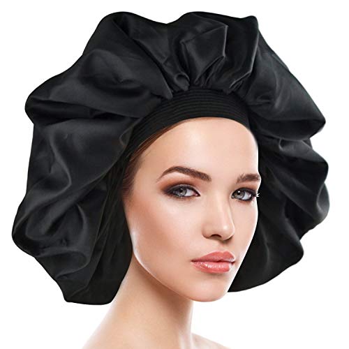 Noverlife Soft Splash-proof Shower Cap, Extra Large Sleep Cap, Black Day & Night Bonnet, Double Layer Elastic Band Cap for Women Curly Sleeping Hair