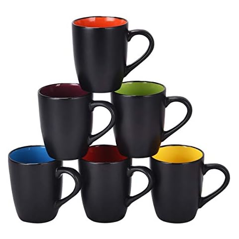 Set of 6 Coffee Mug Sets, 16 Ounce Ceramic Coffee Mugs Restaurant Coffee Mug, Large-sized Black Coffee Mugs Set Perfect for Coffee, Cappuccino, Tea, Cocoa, Cereal, Black outside and Colorful inside Cover