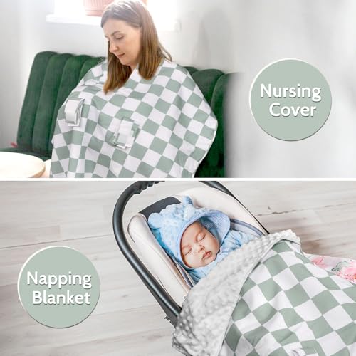 Image of DILIMI Baby Car Seat Cover, Minky Warm Winter Car Seat Covers for Babies, Peekaboo Opening Infant Car Seat Cover, Nursing Cover Carseat Canopy, Green Checkered