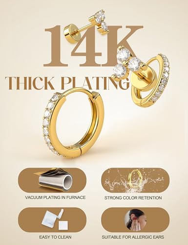 Flat Back Gold Earrings for Women Hypoallergenic- 14K Gold Flat Back Stud Hoop Earrings Surgical Steel Cartilage Earring Set Small Stainless Steel Flatback Earring Helix Tragus Piercing Jewelry for Sensitive Ears Screw Back4
