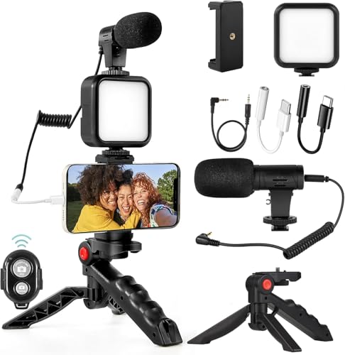 Vlogging Kit, Compatible Video Vlog Kit with Microphone LED Light Tripod, Remote Control, YouTube Kit for Android,for Instagram, Facebook Live (Android and iPhone Compatible, Rechargeable LEDs)