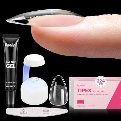 Gelab cosmetics LLC Beetles Tipex Instant Apex Nail Tips Kit, Medium Stiletto, 224 Pcs 16 Sizes Pre-Building Pre-Etched False Nail Tips with Tipex Nail Glue, Mini Nail Lamp