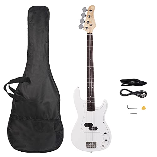Bonnlo Electric Bass Guitar 4 Strings Full Size for Beginner Exquisite Basswood Burning Bass with Bag, Strap and Accessories (White)