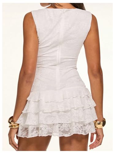 Women's Y2k Floral Lace Ruffle Hem Layered Mini Dress Sleeveless Boat Neck Summer A-Line Short Dress2