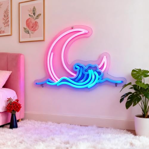 Image of Moon and Wave Neon Sign for Wall Decor Pink Moon Blue Wave LED Neon Light for Bedroom Dresser Aesthetic Room Decor USB Powered Wall Art for Living Room Bar Kid's Room Ideal Teens Girls Gifts