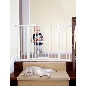BABELIO 29.5-48″ Extra Wide Baby Gate with Cat Door,Auto Close Dog Gate for Stairs & Doorways,Metal Cat Gate,Pressure/Hardware Mounted Pet Gate,Easy Walk Thru,White