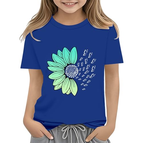 Girls Loose Fit Sunflower Graphic T Shirts Short Sleeve Crewneck Cute Pattern Printed Tops Kids (I-Blue, 4-5 Years)