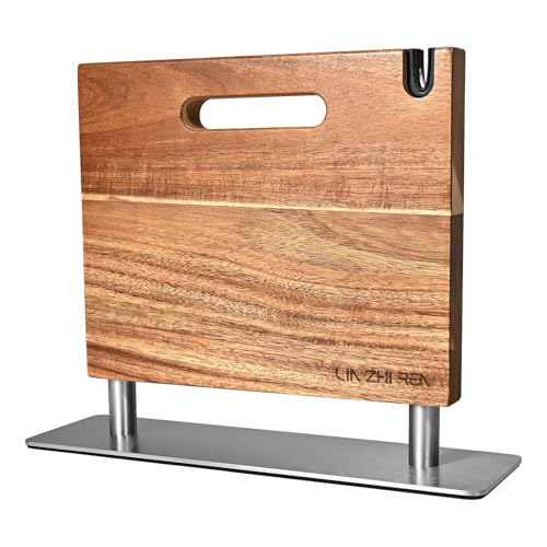 LIN ZHI REN Magnetic Knife Holder Block Double-Sided Powerful Magnetic Knife Holder Suitable for Kitchens Solving Utensil Display Issues (430 Stainless Steel + Acacia Wood)