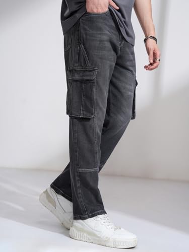 Image of Highlander Men's Relaxed-Fit Cargo Pocket Jeans | Clean Look | Cotton Comfort | Utility Style| Cargo Jeans for Man