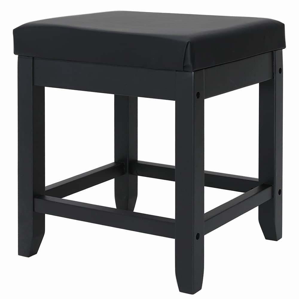 IWELL Large Vanity Stool with Solid Wood Legs, Makeup Bench Dressing Stool, Padded Cushioned Chair, Capacity 330lb, Piano Seat, Black