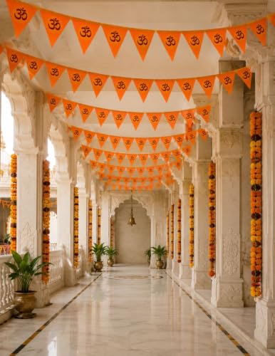 Image of BookMyCostume Religious & Spiritual Decoration Collection - Saffron Flags, Bunting Ladi, & Ethnic Stoles - Devotional Accessories for Temple, Festivals, Puja, Rallies & Daily Rituals