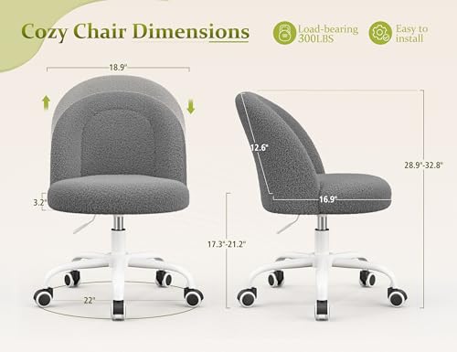 Image of DurayLoly Vanity Chair with Back, Cute Desk Chair with Wheels, Armless Chair with Height Adjustable & 360 Swivel, Soft Lumbar Support for Small Space, Bedroom, Grey