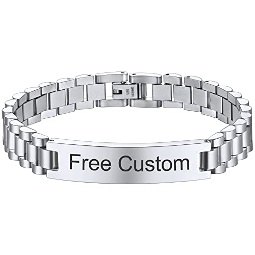 Custom Bracelet for Men - Personalized Gifts for Him Her, Customized Picture, Name & Text Engraved Stainless Steel ID Bracelet Wristband Jewelry Valentines Day Father's Day Gift