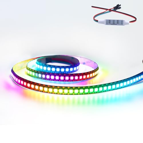 HJHX WS2812B LED Strip Light, 1m 144 LEDs Addressable Individually Controlled RGB Strip with Built-in IC for DIY Projects, 5V High-Density for Indoor Lighting (No Adapter but Have a Mini Controller)