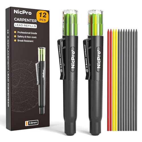 Image of Nicpro 12 PCS Carpenter Pencil 2.8mm Lead Refills in A Replacement Lead Dispenser, Break Resistant 2.8 mm Leads for Construction Pencils, Woodworking Pencils (Black, Red, Yellow)