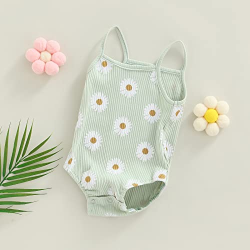 Newborn Baby Girl Spaghetti Strap Onesies Sleeveless Ribbed Knit Daisy Print Bodysuit Cute Summer Tank Romper (Green, 12-18 Months) #TOP1