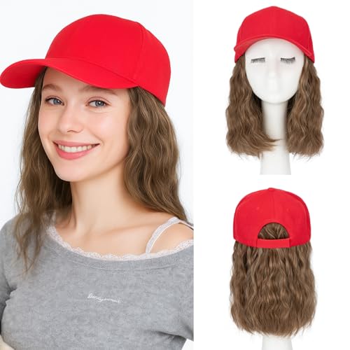SEGO Hat Wig, Hat with Hair Attached for Women Red Baseball Cap with Hair Extensions, Short Curly Baseball Cap Wig Adjustable Hats for Daily Party 8 Inch #10P22T Medium Brown Mix Dark Blonde