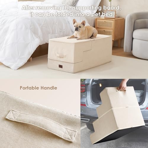 Image of EHEYCIGA Dog Stairs for High Bed 25 inch H, 5-Step Extra Wide Dog Steps for Bed, Pet Steps for Small Dogs and Cats, Non-Slip Balanced Pet Ramp Indoor, Beige