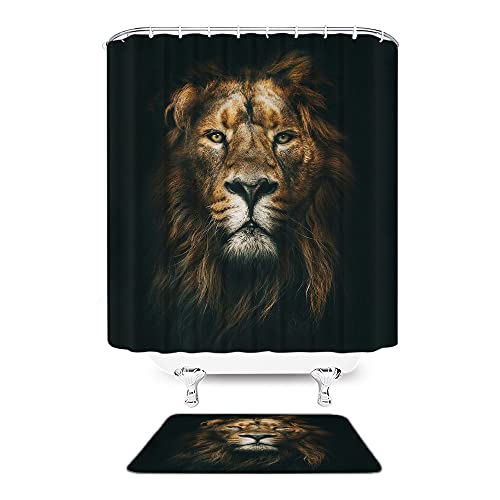 Lion Shower Curtain Lion Head Powerful Majestic King Wild Animal Themed Vintage Black Tan Bathroom Curtains Decor Polyester Fabric Quick Drying 70X70 Inches Include Hooks #TOP4