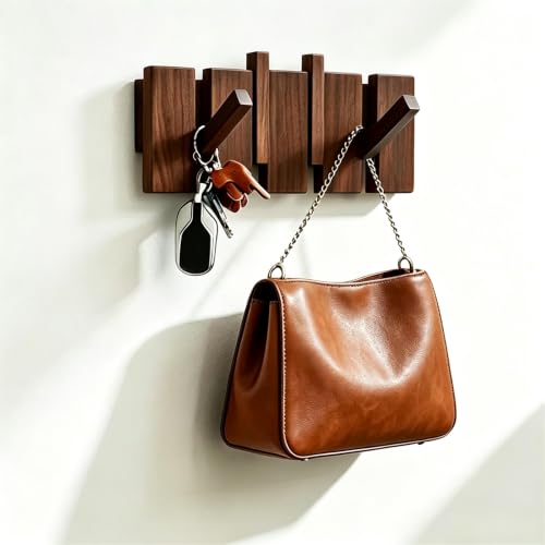 Wooden Coat Hooks Wall Mounted, Coat Rack Hanger Wall Mount with 4 Hooks, Heavy Duty Coat Hooks for Hanging Coats/Keys/Hats/Robe&Towels/Plants/Bags, Home Decor Gift, Walnut