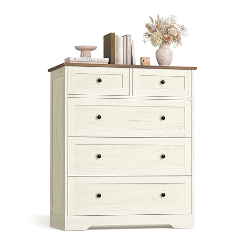 VASAGLE Siren Colección - Cajonera, Cómoda con Cajones, Estilo Rústico, Organizador Versátil, 5 Cajones, 40 x 80 x 93,6 cm, Blanco Rústico y Marrón Miel LTS643WJ01