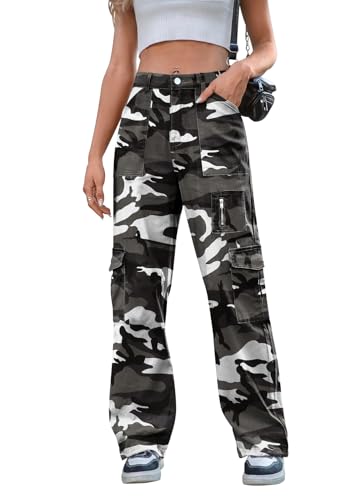 IVIR Camo Pants Women Wide Leg High Waisted Cargo Pants with Pockets Combat Military Trousers Camouflage XS