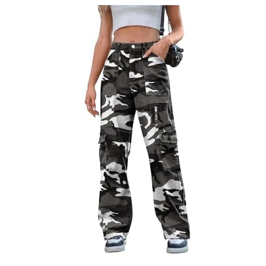 IVIR Camo Pants Women High Waist Combat Military Trousers Wide Leg Drawstring Elastic Casual Pants with Pockets Camo Black Small