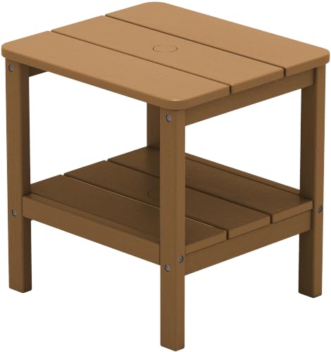 SERWALL Double Layer Adirondack Side Table with Umbrella Hole, HIPS Outdoor Side Table Rectangular End Tables for Patio, Poolside, Garden, Brown