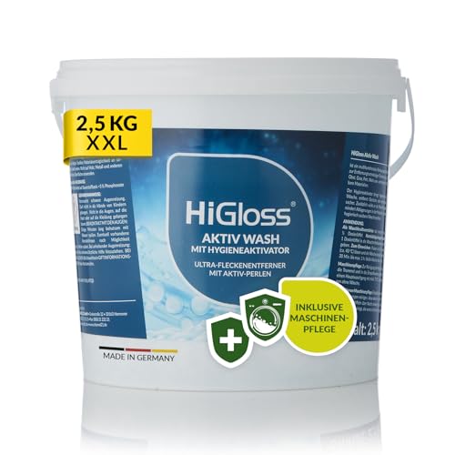HiGloss Fleckenentferner "Active Wash" - 2,5kg, Effektiver Waschkraftverstärker, Reinigungs- & Bleichmittel, entfernt hartnäckige Flecken, für alle Textilien, inkl. Maschinenpflege