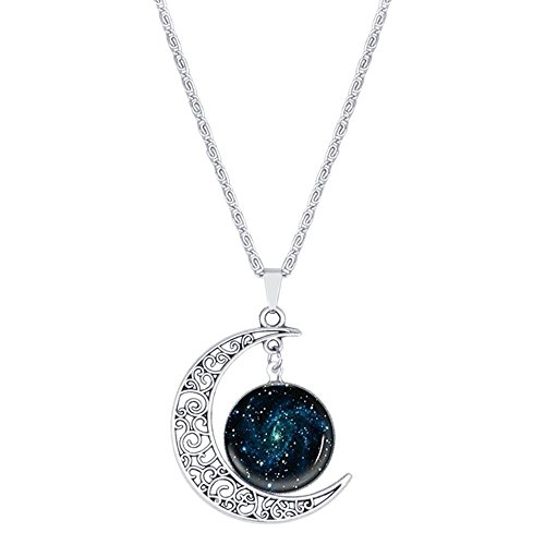 Linsh Dome Moon Time Gems Pendant Necklaces Hollow Out Carved Moon Stars Pendant(Style 1)