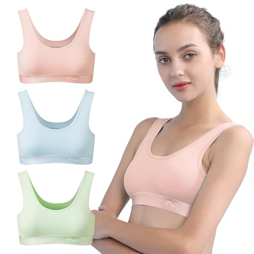 INNERSY Crop Tops for Girls Sports Bra Cotton Teenager Bralettes Soft Underwear Kids Multipack 3 (L, Light Pink/Pale Green/Baby Blue)