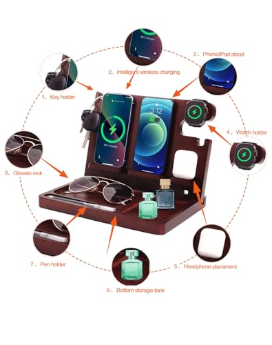 Nightstand Organizer with Dual Phone Charging Station for 2 iPhone,Apple Watch and Airpods,Bamboo Phone Docking Station,Gifts for Men Dad Husband