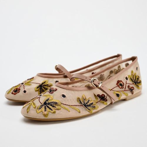 Image of MRKEWUNEY Mesh Ballet Flats for Women Embroidered Floral Round Toe Mary Jane