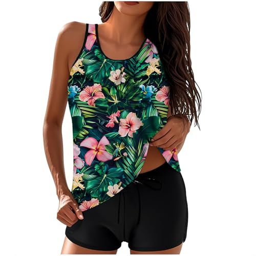 Tankini for Women with Shorts UK Two Piece Vintage Floral Print Swimsuits Boyleg Tummy Control Tank Tops Shorts Sports Beach Bathing Swimwear Sets Long Tankini Tops Multicolor L