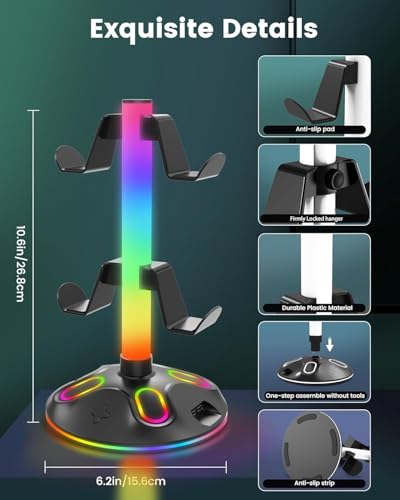 Gaming Headphone Stand - Controller Stand with 10 RGB Lights Modes - Gaming Headset Controller Holder with USB Charging and Type-C Earphone Accessories Storage PC Desk - Image 6