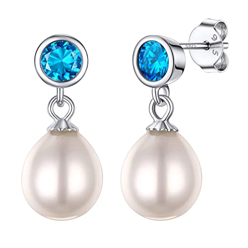 Silvora S925 Silber Ohrring Damen Zirkon Ohrstecker mi Perlen Anhänger Elegante Süßwasserperlen Ohrring 12 Monate Geburtsstein Zirkon Ohrstecker Ohrschmuck Geschenke für Frauen Mädchen Cover