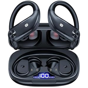 Wireless Earbuds Bluetooth Headphones 80Hrs Playback Sport Ear Buds with LED Display Charging Case IPX7 Waterproof Earphones with Mic & Earhook In Ear Headsets for TV Phone Workout Running Black