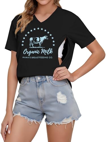 LUKYCILD Nursing Shirts for Breastfeeding Women Zipper Nursing Maternity Graphic Tee Mama Breast Feeding V Neck Tops Black