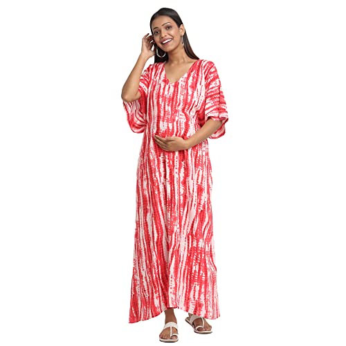 Image of Maternity Dress for Women with Breastfeeding Zippers | Kaftan Dress | Adjustable Belt for Growing Belly | Feeding Dress for Pre & Post Pregnancy