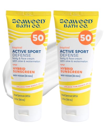 Seaweed Bath Co. Active Sport Defense Cream SPF 50 - Broad Spectrum Hybrid Sunscreen with Zinc Oxide, Aloe & Watermelon - Water Resistant Face and Body Daily Sunblock, 3.4 Ounce (Pack of 2)