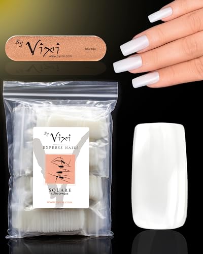 500 Long Square Press On Nails Set with By Vixi Prep File – Natural Full Cover False Nails, Stick On Fake Nail Tips, 10 Sizes, Acrylic Nail Extensions for Gel Polish & Nail Art