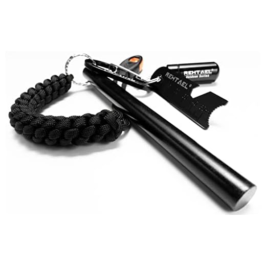 REHTAEL Kit de sobrevivência para iniciantes de fogo de pederneira e aço, [1/2 x 15 cm] haste de ferro grande com cordão multiferramenta Fire Striker/Paracord para acampamento, caminhada (preto)