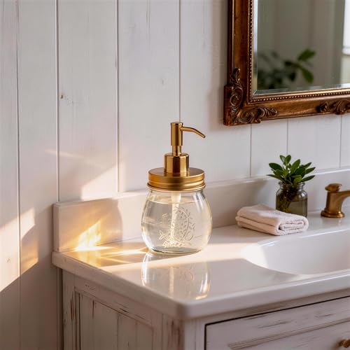 Image of Amolliar Mason Jar Liquid Soap Dispenser Pump, Rustproof Stainless Steel Lid, Refillable Soap Pump for Kitchen, Bathroom, Hand, Dish, Lotion Soap Pump Replacement, Cute Farmhouse Decor, Golden 2 Pack