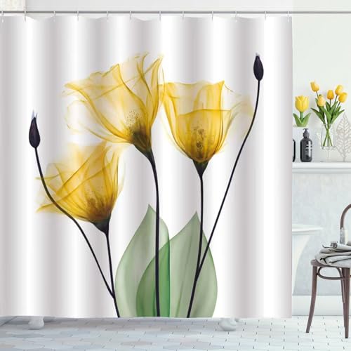 ZCHOMI Yellow Tulip Floral Shower Curtain Watercolor Spring Flower Shower Curtains for Bathroom Waterproof Polyester Fabric Bathroom Curtain 72 x 72 Inch with 12 Hooks