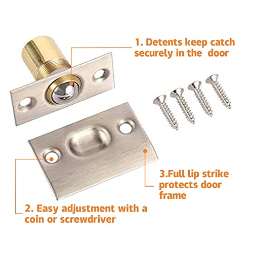 Meta Hardware Adjustable Cabinet/Closet/Door Large Ball Catch/Latch With Strike Plate & Screws, 2-1/8 Inch, Satin Nickel (2 Pack) #TOP3