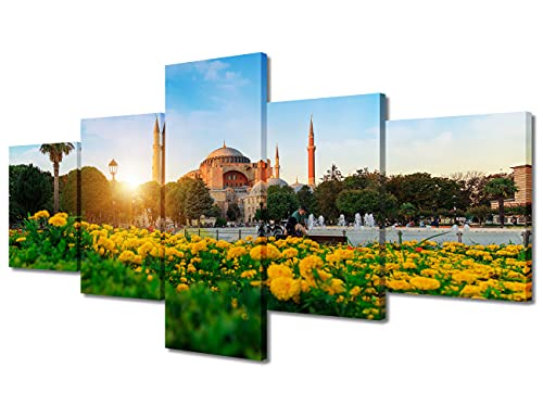 Wall Art for Living Room Hagia Sophia Mosque Wall Decorations Posters and Prints 5 Pieces Istanbul Turkey Canvas Wall Decor Modern Sultanahmet Park Home Decor Frame Ready to Hang (50''Wx 24''H)