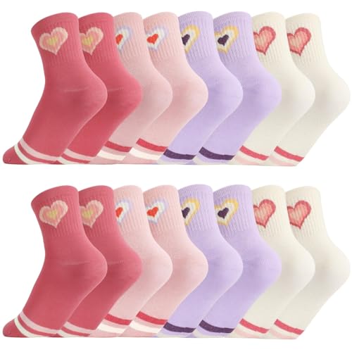 Smivyhp 8 Paar Socken für Mädchen mit Herzen, weiche Baumwollsocken für Kinder, bequeme Alltagssocken für Schule&Freizeit, für 3-6 Jahre