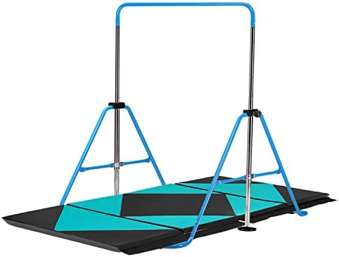 ZENOVA Gymnastics Bar with Mat Junior Kip Bar Gymnastic Horizontal Bar Height Adjustable and Gymnastics Mat (Y-Bar with Mat Blue)