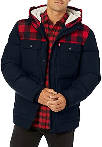 Levi's Men's Heavyweight Mid-Length Hooded Military Puffer Jacket, Red Buffalo Plaid/Navy, Large